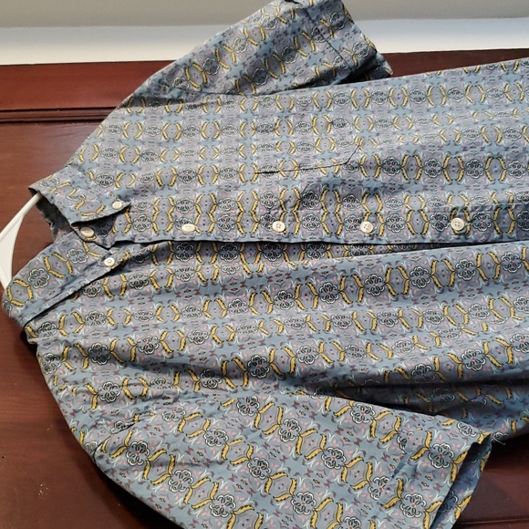 Ken Ltd LG Cotton Patterned Blue & Yellow Button Up Short Sleeve Summer Shirt - Picture 3 of 8